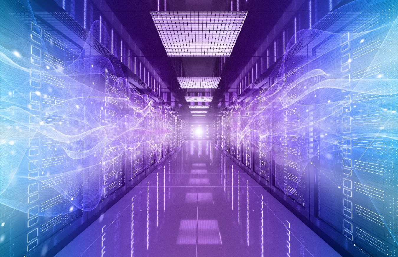 blue and purple hallway of an AI data center