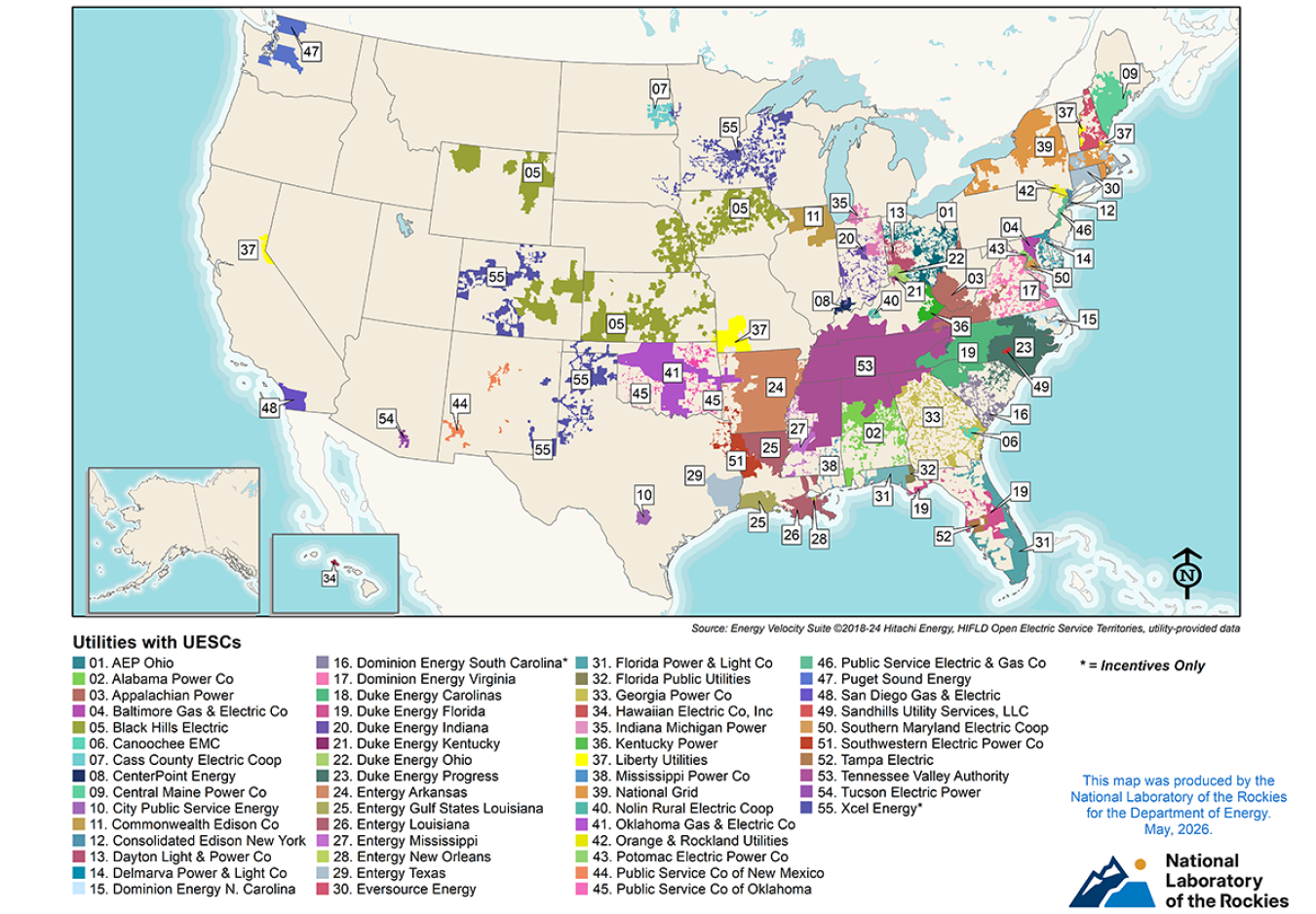 U.S. map with color-coded regions corresponding to the utilities listed below it.