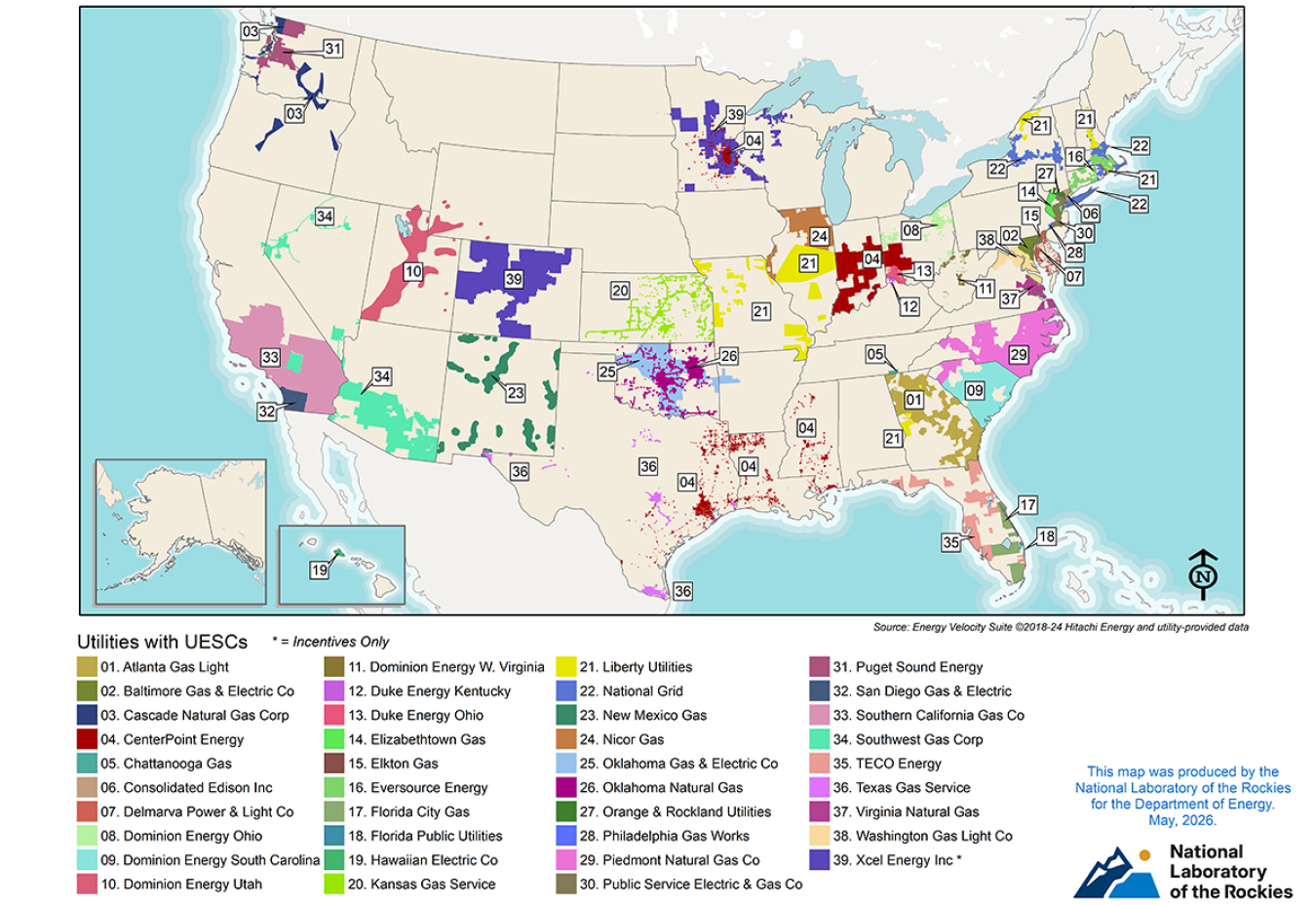 U.S. map with color-coded regions corresponding to the utilities listed below it.