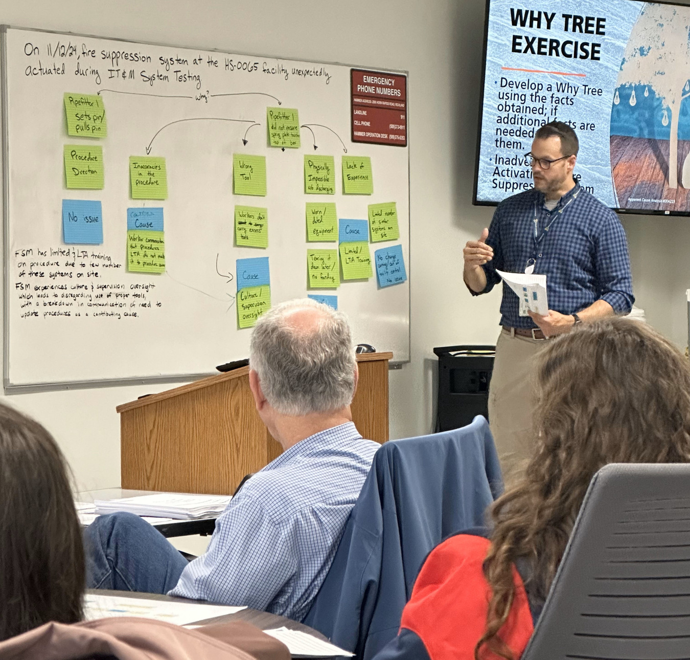 Hanford Site employees taking part in a training in a room with a man teaching at the front