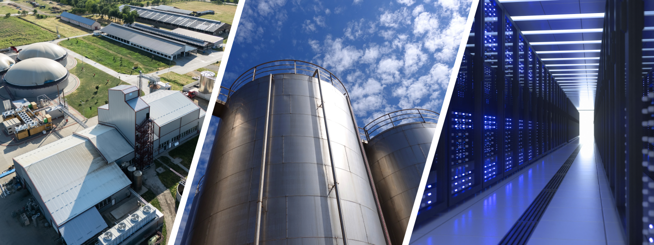 Composite image of a biogas plant, storage infrastructure, and a data center