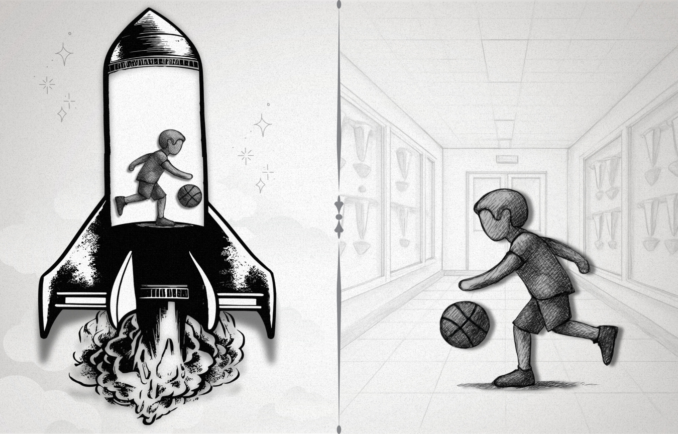 If an astronaut on a rocket ship is standing still and bouncing a ball, both the astronaut and ball are moving within the reference frame of the ship. The astronaut will have the same experience bouncing the ball as they would bouncing a ball in an unmoving room on the ground. 