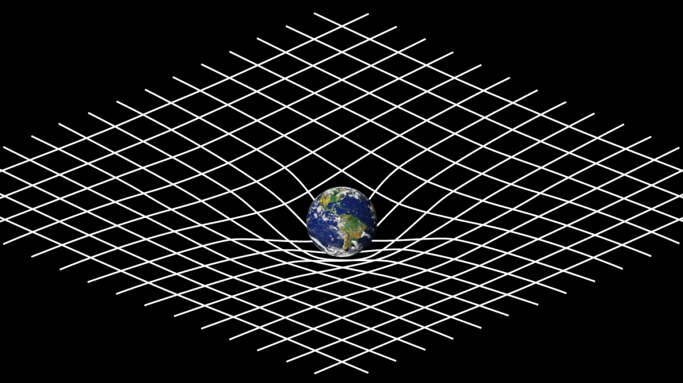 Mass warps space and time through gravity. Imagine that the universe as a rubber sheet covered with objects of different weights. Each object sits in a curved depression formed by that object’s weight, such as Earth in this image.