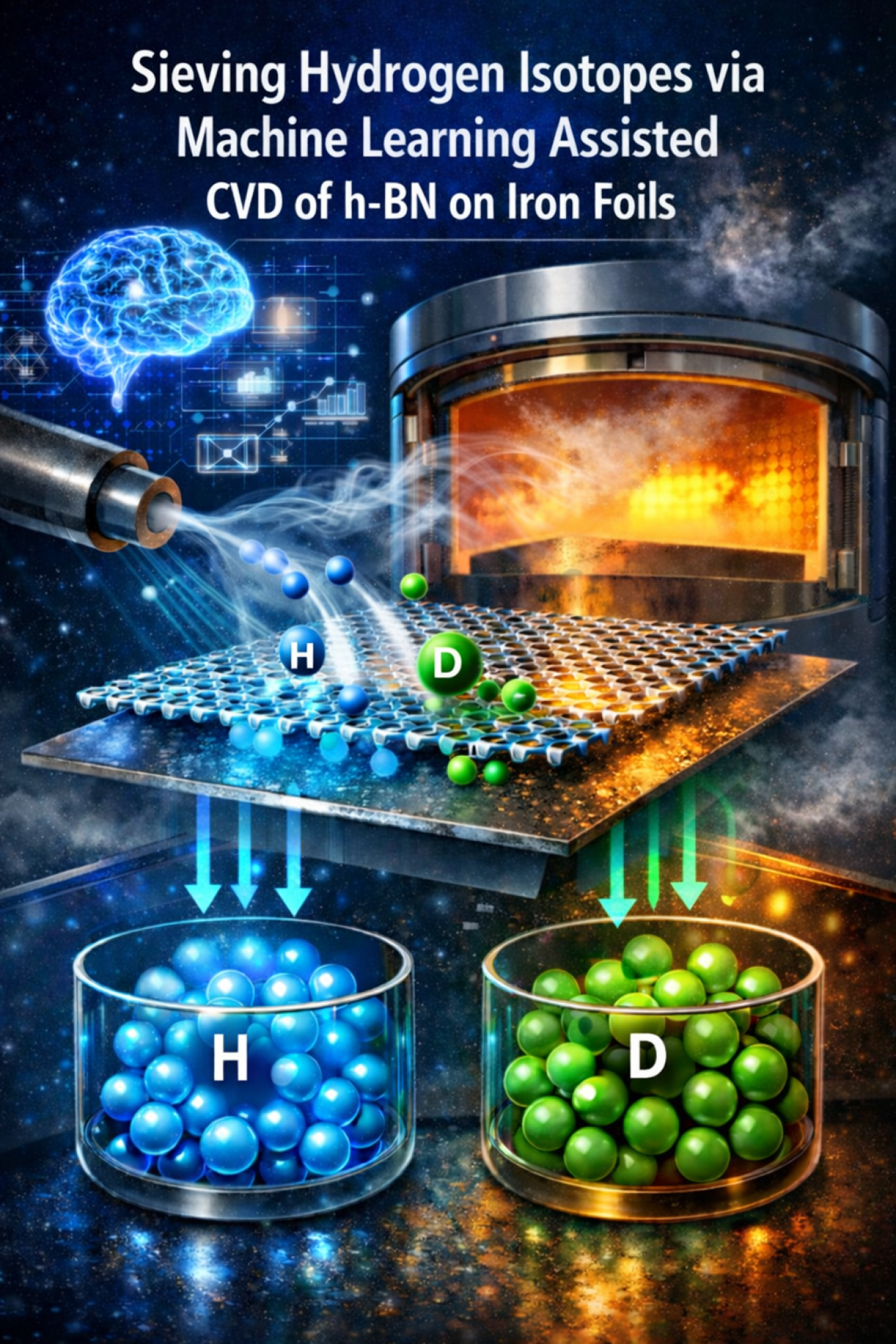 An atomically thin layer of a honeycomb-like filter  which enables sub-atomic separations of isotopes of Hydrogen, protons (H) and deuterons (D). 