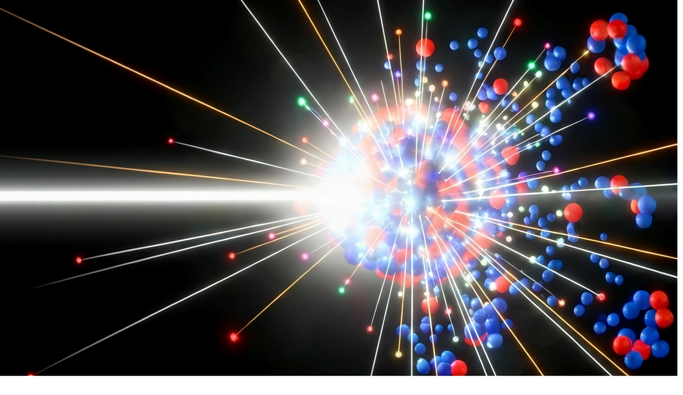 A proton strikes a target nucleus, initiating a nuclear reaction that results in the breakup of the nucleus and the emission of high-energy secondary particles.