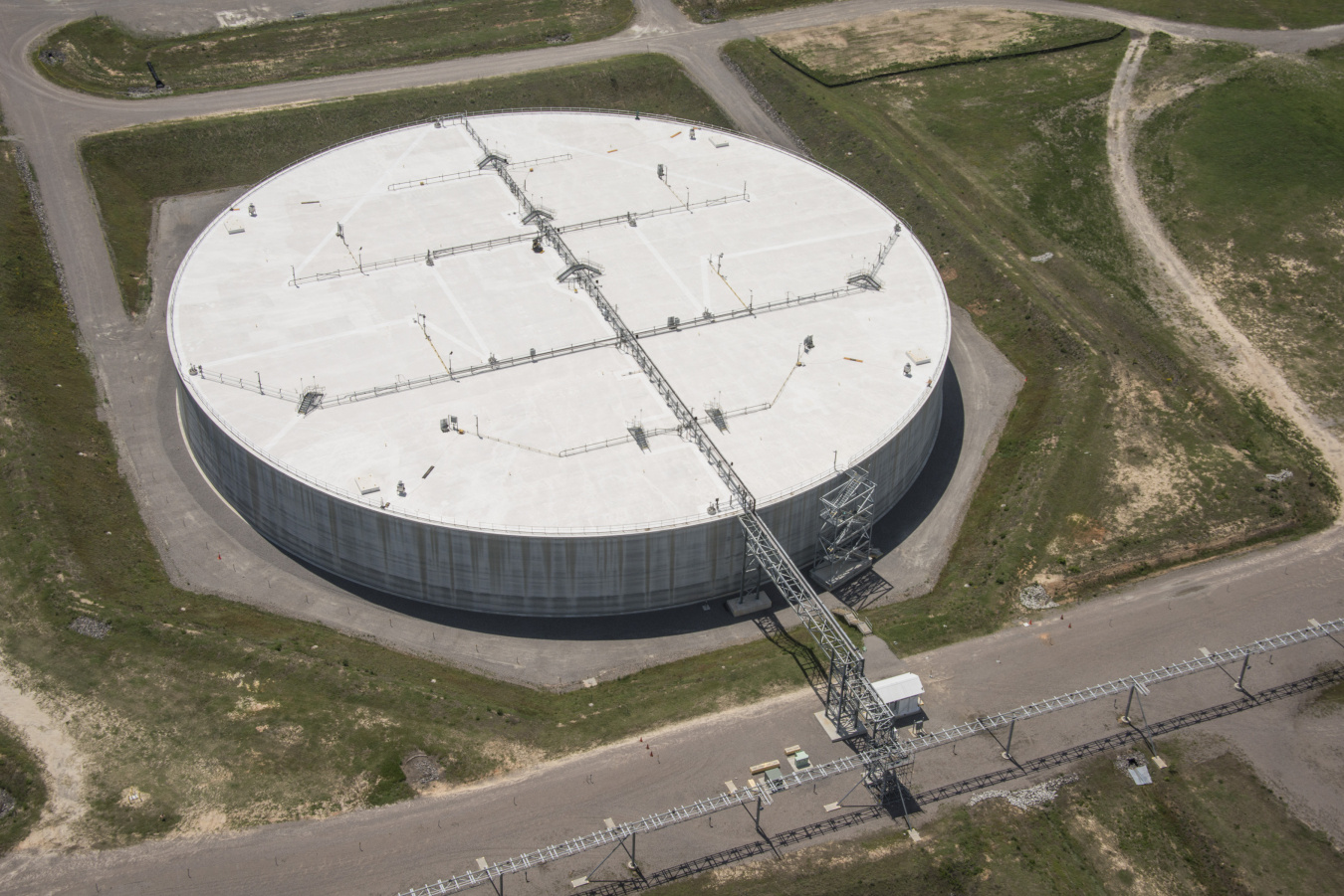 Aerial view of circular white building