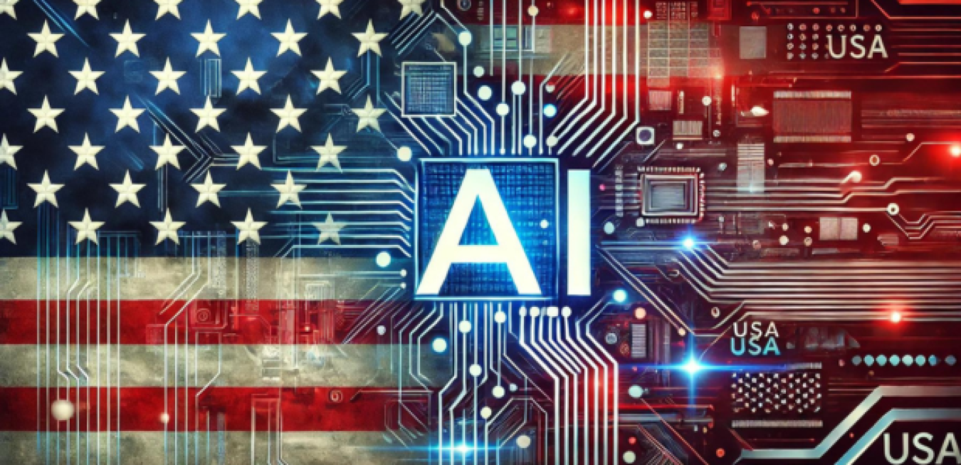 Red, white and blue image depicting AI in the center with a portion of the USA flag on the left and computer wiring on the right