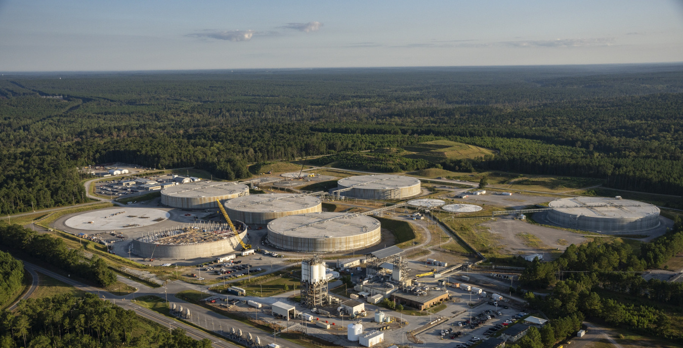 Aerial view of multiple white circular buildings at the Savannah River Site