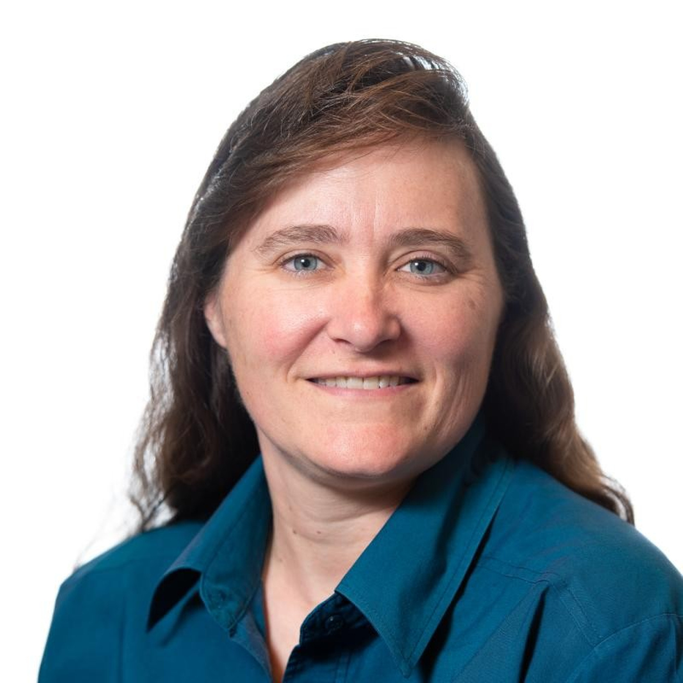 Professional headshot of a woman with brown hair wearing a blue shirt