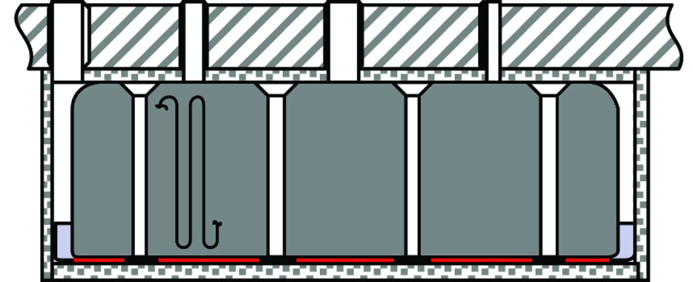 A black and white drawing of the inside of a Type 1 radioactive liquid waste tank at the Savannah River Site. It displays a dark grey background with white columns, a white and grey stripped roof, and brick patterned edges. It is a rectangular shape and has a red line along the bottom between the bottom edge. 