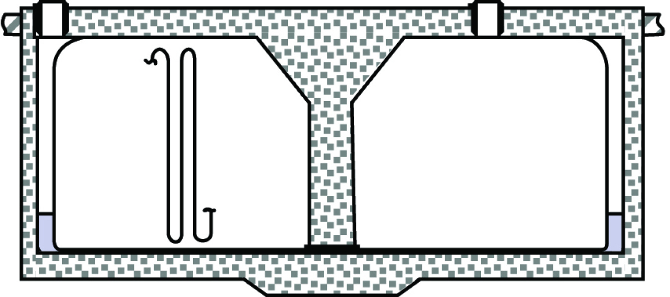 A black and white graphic of a Type 2 radioactive liquid waste tank. It is rectangle in shape and has 2 equal sized chambers that are white, the edges are brick patterned and cover all sides of the graphic