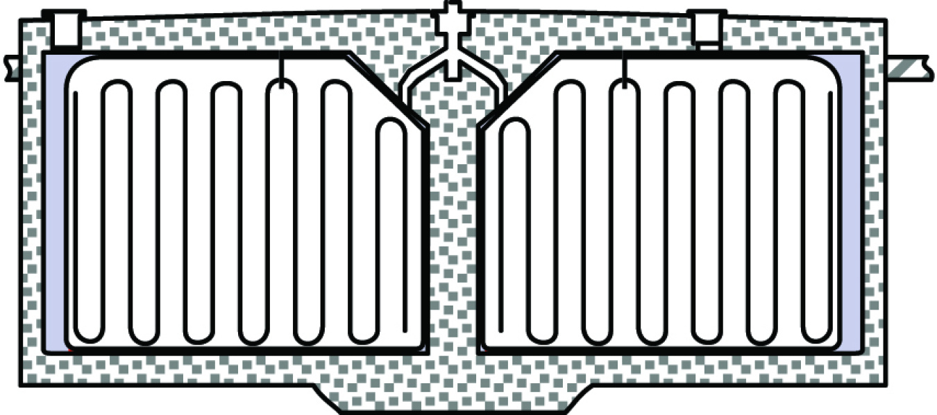 A black and white graphic image of a Type 3 radioactive liquid waste tank at the Savannah River Site. It is rectangular in share and has a brick patterned border, it has two equal sized chambers with a continuous up-and-down line within each of them.