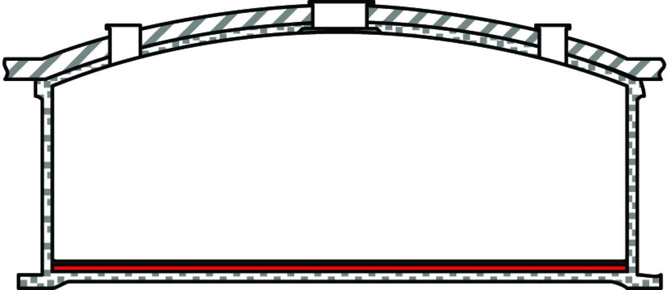 A black and white graphic of a Type 4 liquid radioactive tank at Savannah River Site. It is rectangular with an arched top, there is a brick pattern around the edges and the top has a striped pattern. The image is white in the middle