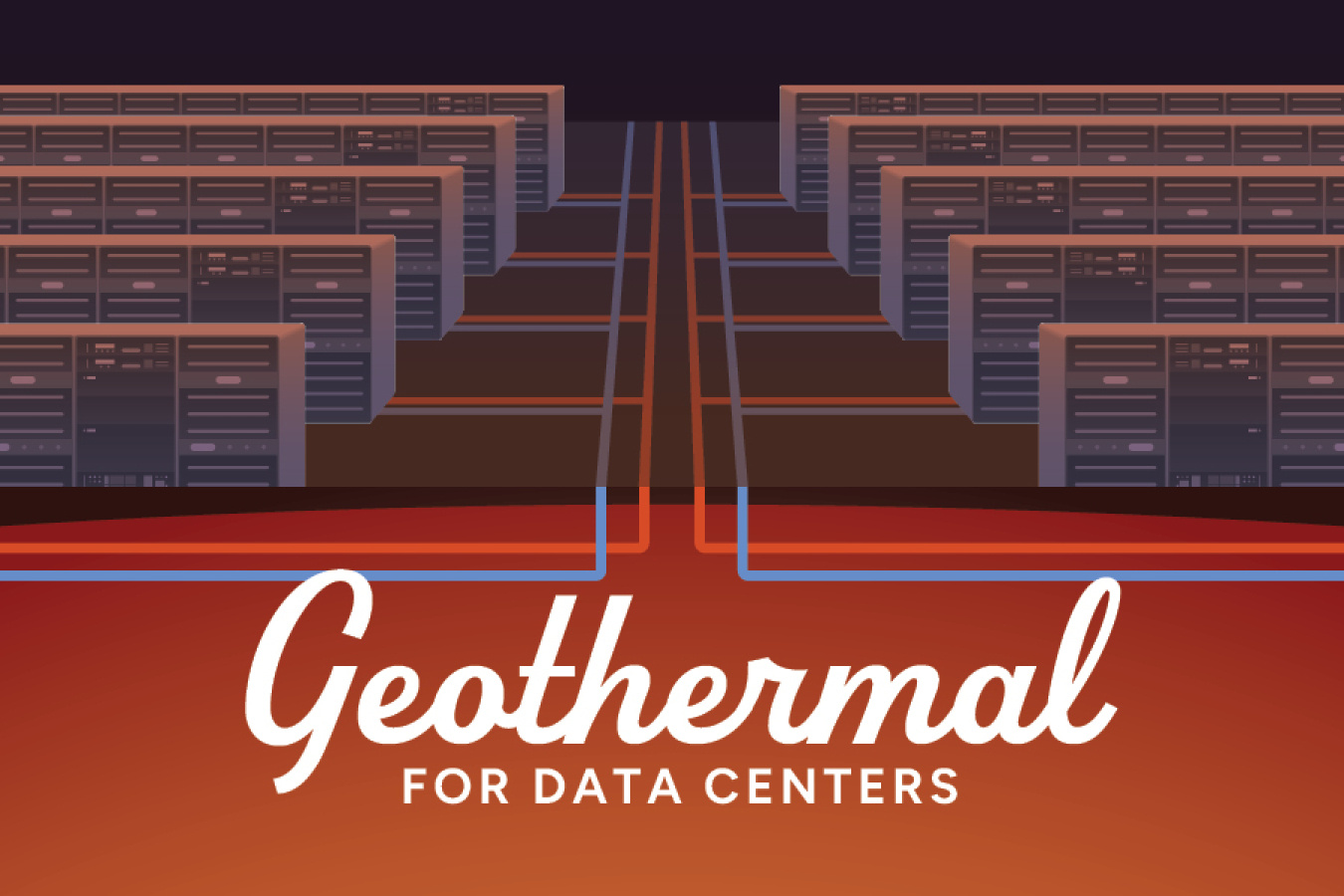 Text: Geothermal for Data Centers. Illustration: Data centers connected by red and blue piping.