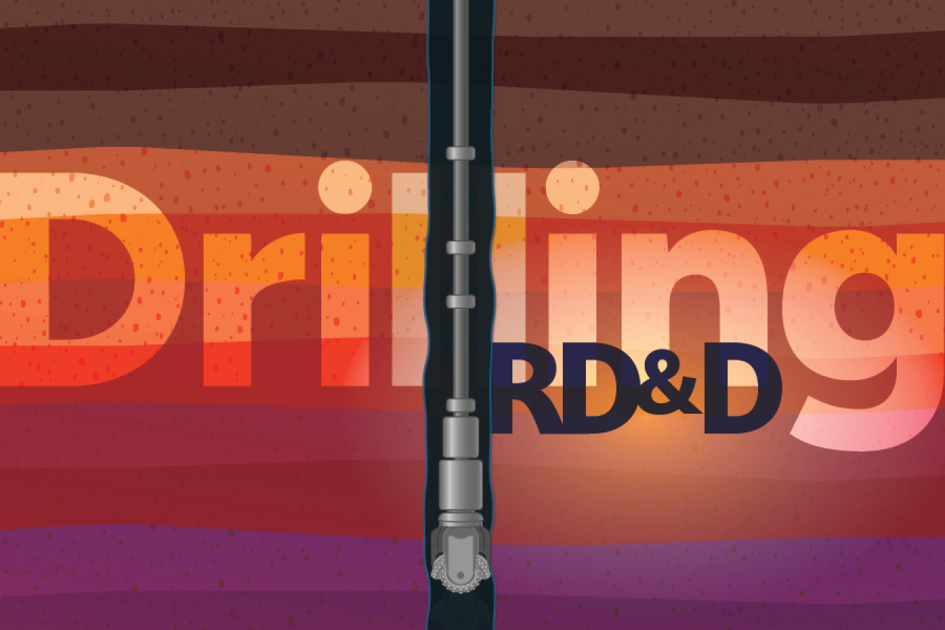 Drilling RD&D against layers of the subsurface going from lowest heat (browns) at the top to highest heat (purple) at the bottom. A drill making a borehole goes down the center of the design, between the Ls in Drilling.