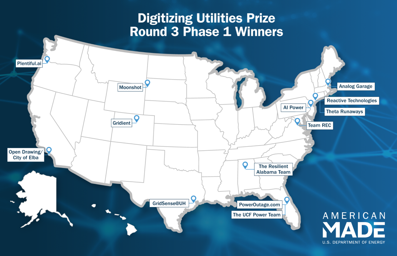 Map of the U.S. with a blue background and dots indicating the location of the prize winners.
