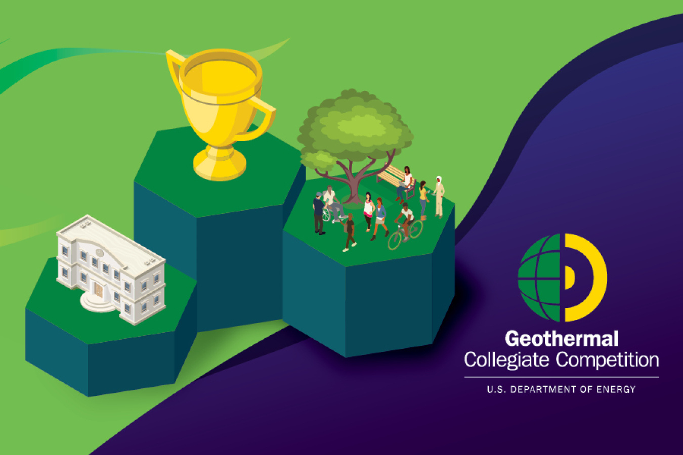 Geothermal Collegiate Competition | U.S. Department of Energy. Three illustrations, of one a university building, one of students on a green, and one of a gold trophy, sit on three pillars.