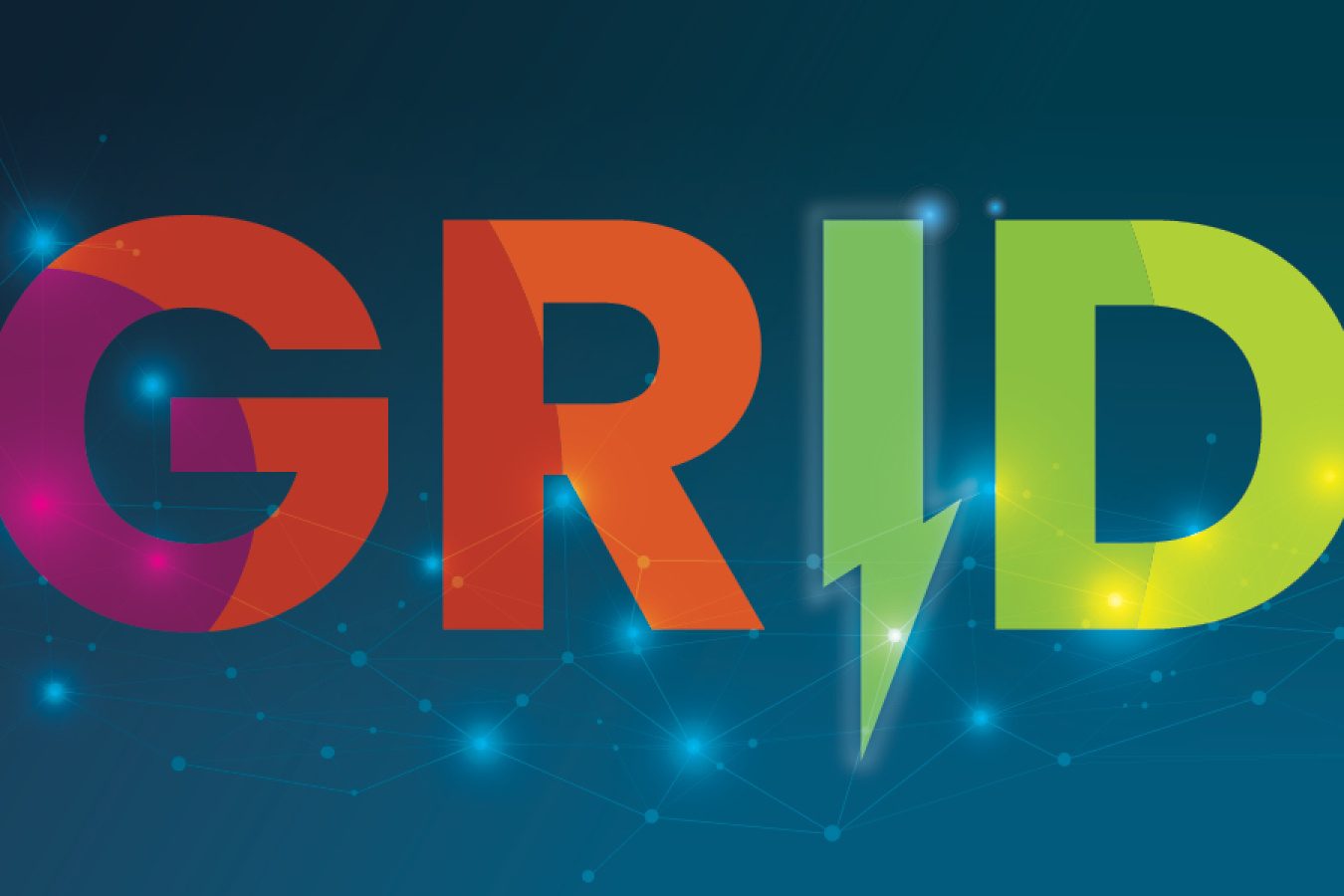 GRID in large very large letters shows the progression of subsurface layers, from the hot purple to the cool green. The I in GRID has a zig zag flouish indicating electricity. In the background is a depiction of an electric grid.