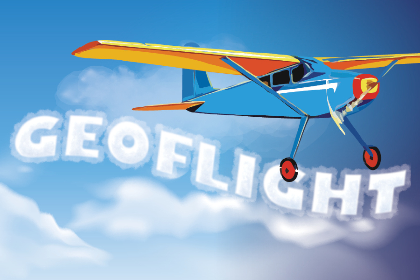 GeoFlight is written in cloudy white lettering next two a small blue and yellow prop plane.