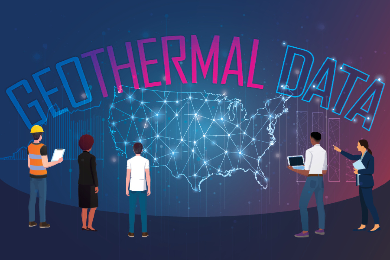 Geothermal Data against a background of the electricity grid across the whole country, with professionals from multiple industries gathered round and analyzing it.