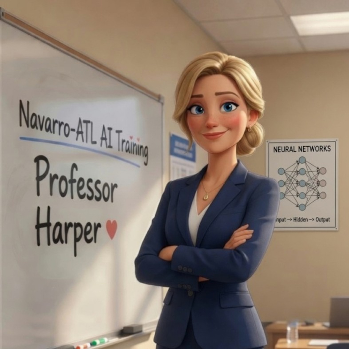 An AI created woman who is a professor in a blue pantsuit and blonde hair in a bun