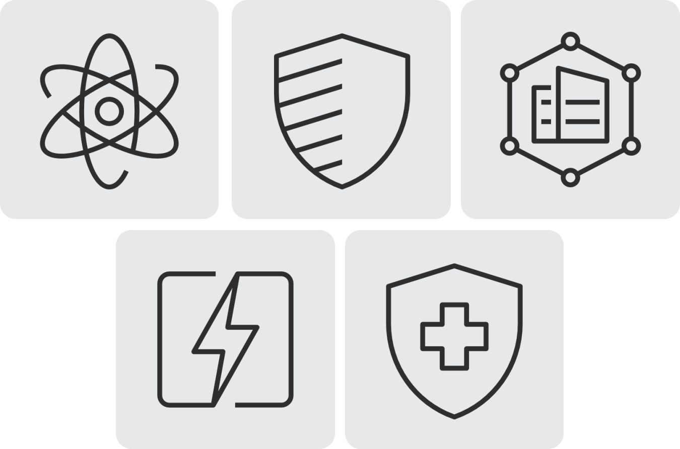 Five icons representing energy, nuclear science, national security, advanced technology, and health.