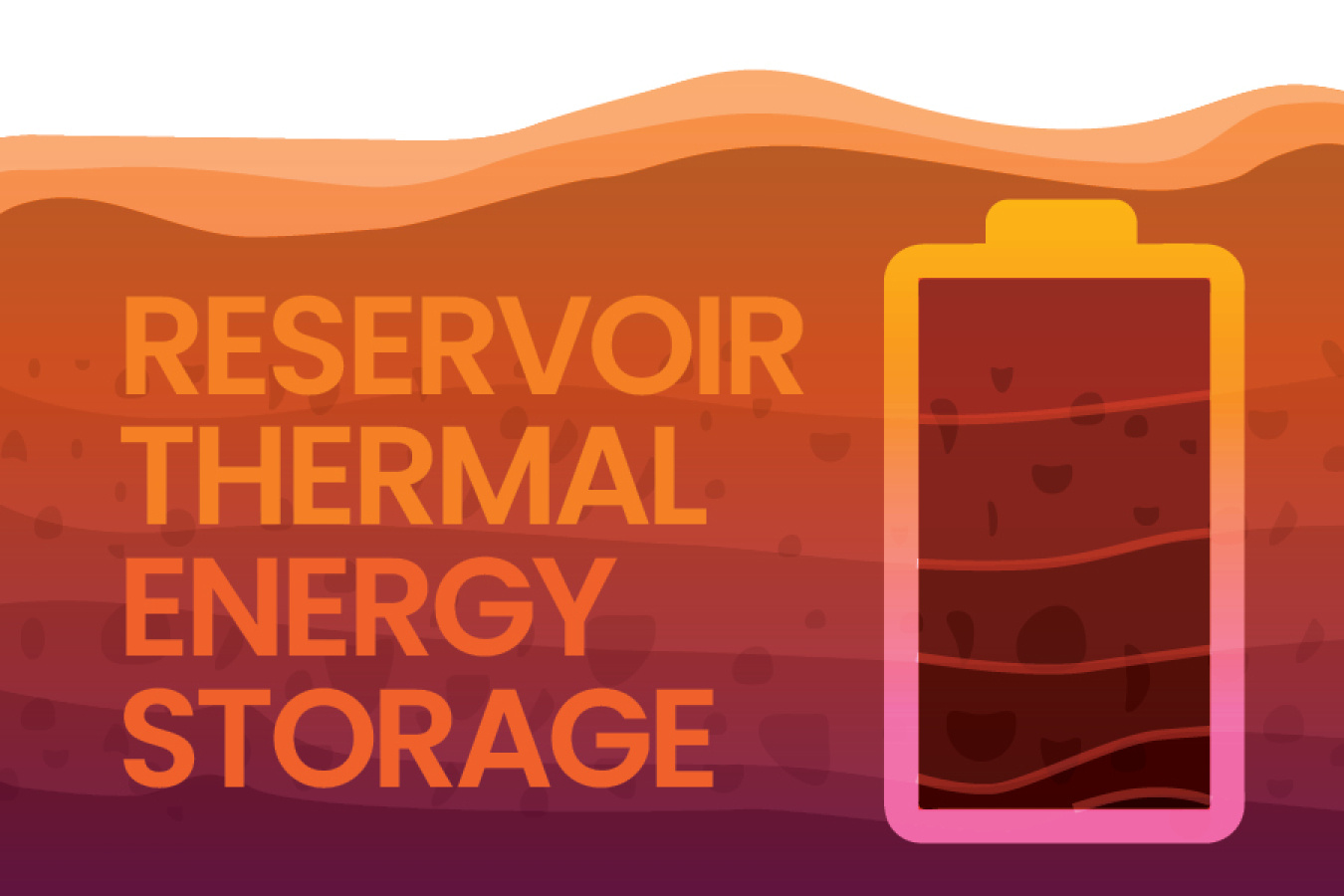 Reservoir Thermal Energy Storage. Against subsurface layers, from orange to purple top down, is an icon of a battery.