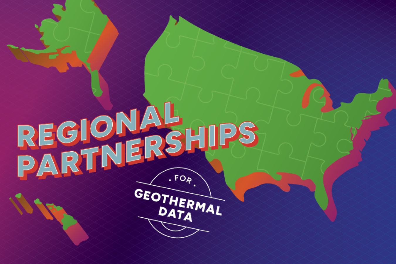 Illustration of the United States as interlocking puzzle pieces, with the text Regional Partnerships for Geothermal Data