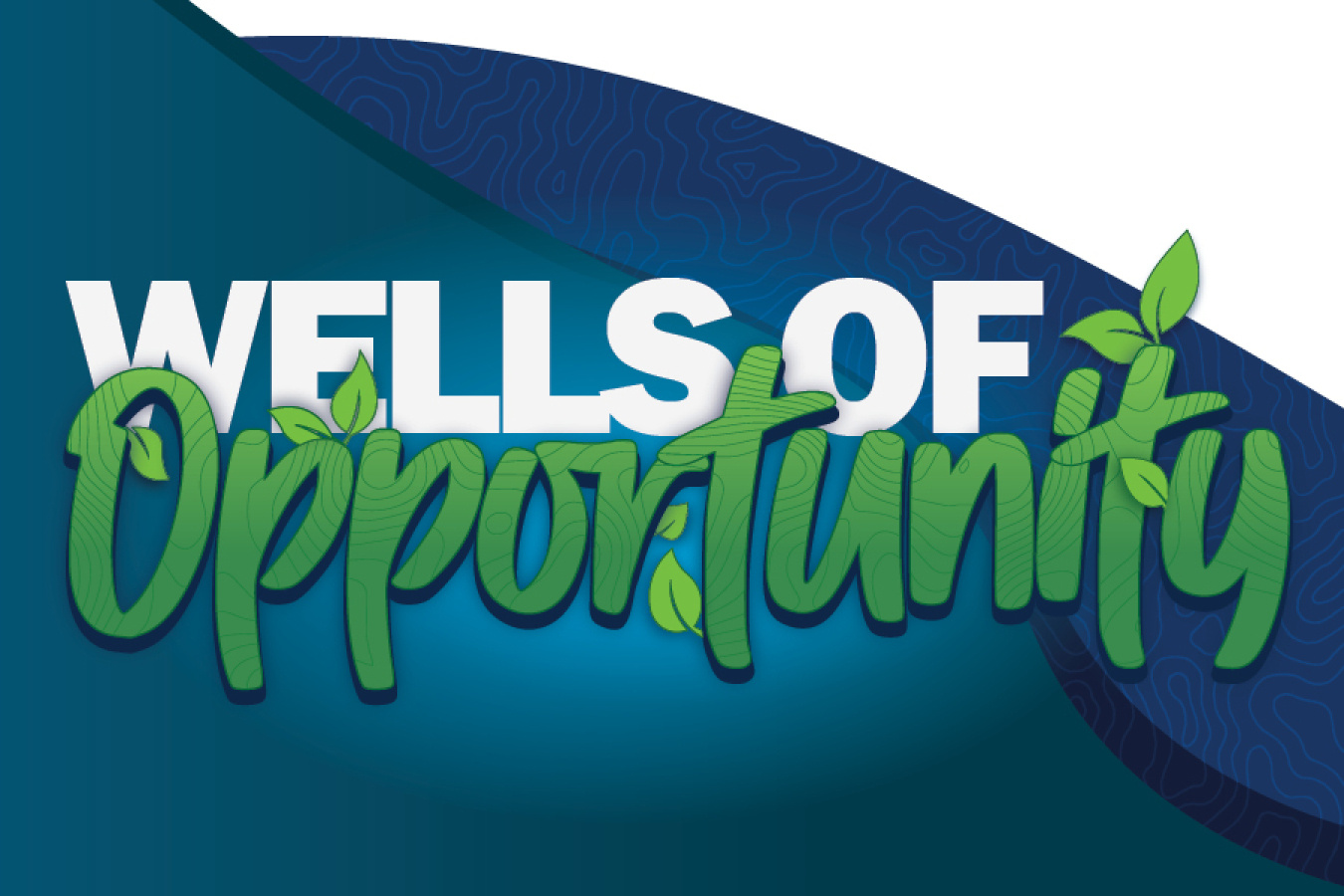 Wells Of Opportunity. The text Wells and Of are in basic white, while the text Opportunity is in green with the occasional leaf growing out of it and a topographic pattern visible in the letters.