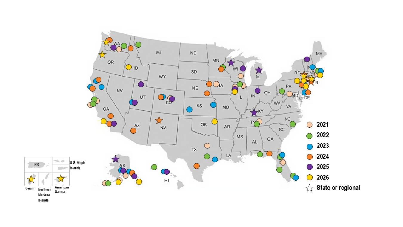 Caption: A map of all Waste to Energy and Materials Technical Assistance Program participants since 2021.