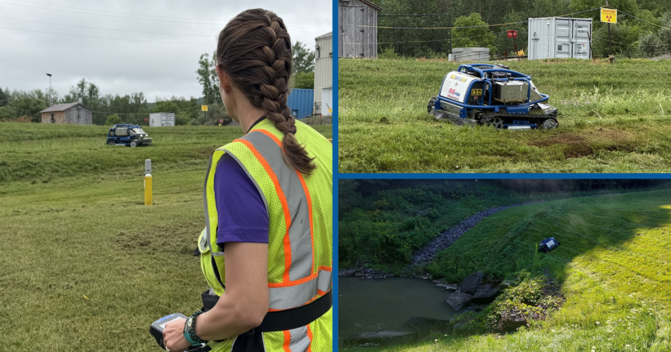 A collage of photos of a remote controlled law mower in use on the grass at the West Valley Site
