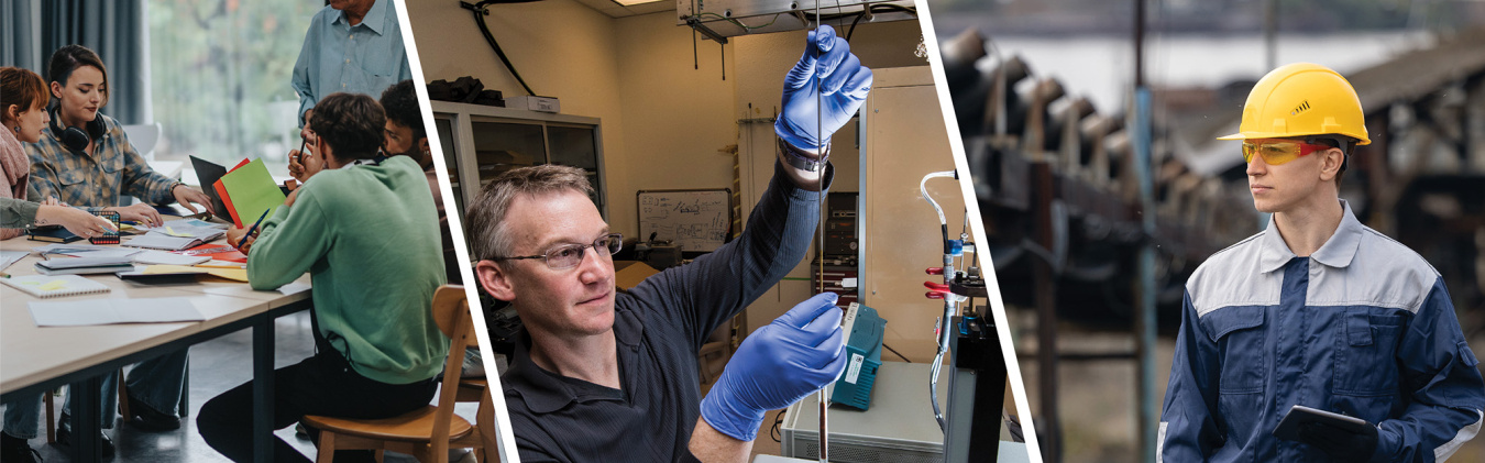Collage: Group of university students collaborate on a project. Scientist works in a laboratory. Engineer stands in an industrial setting. 