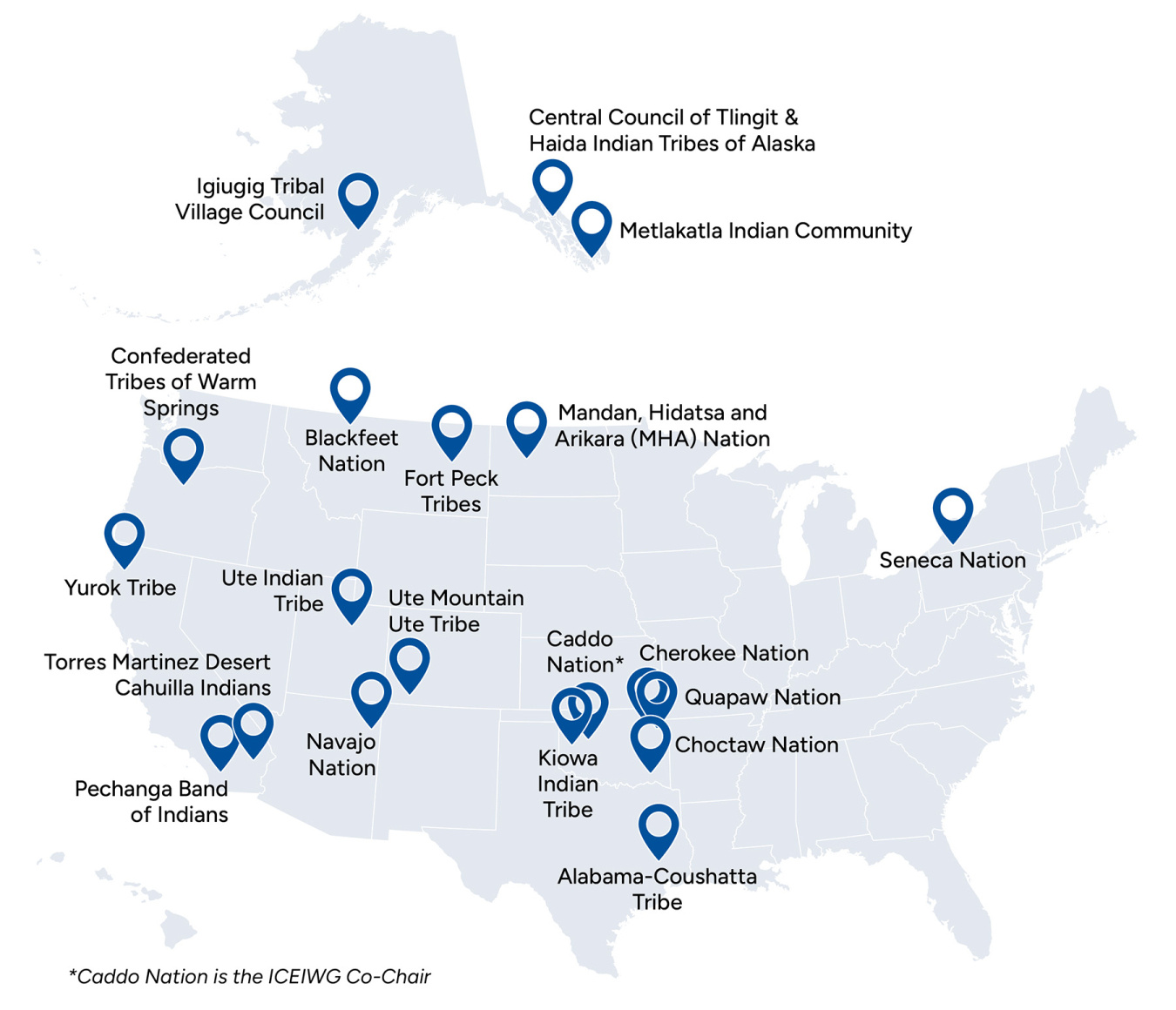 U.S. map with pins denoting tribes' locations