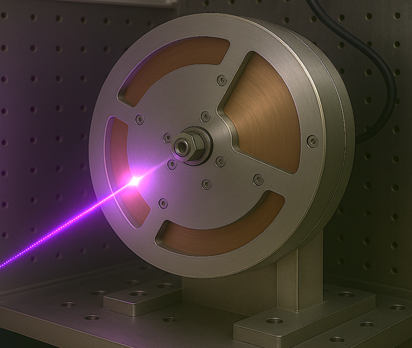 An artistic rendering of the fast-rotating disk with a copper target, spinning at 30,000 RPM to spatially separate the impacts of the XFEL pulse series.