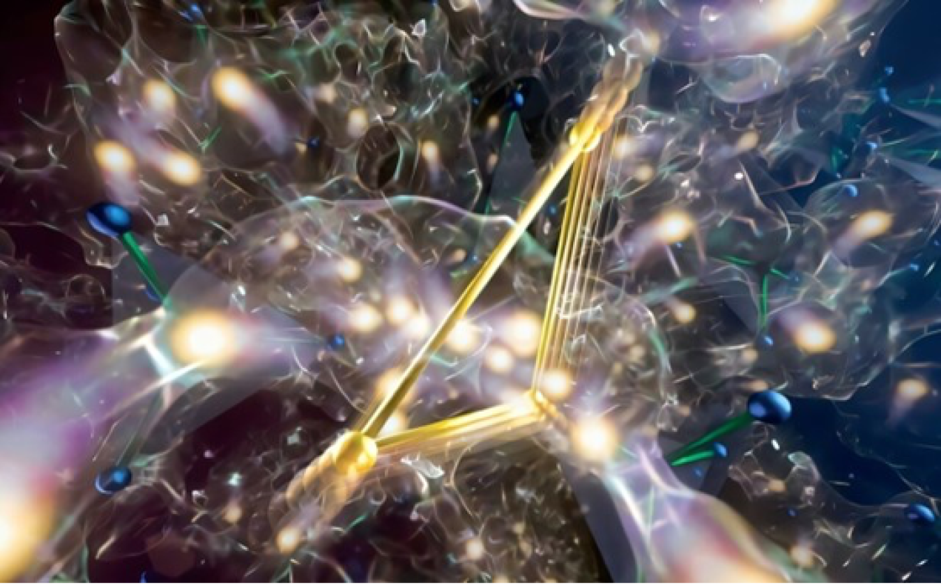 Lithium ions (glowing orbs) exhibit liquid-like mobility. This allows them to flow through a vibrating bottleneck (gold triangle) despite the electrolyte maintaining a solid-like state. 