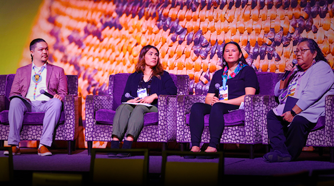 A photo of four individuals sitting in front of a projected screen, taken at the 2024 tribal forum