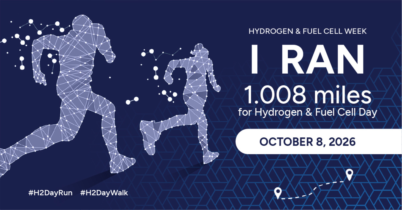 Illustrated silhouette of two people running and text: I ran 1.008 miles for Hydrogen & Fuel Cell Day, October 8, 2026, #H2DayRun, #H2DayWalk