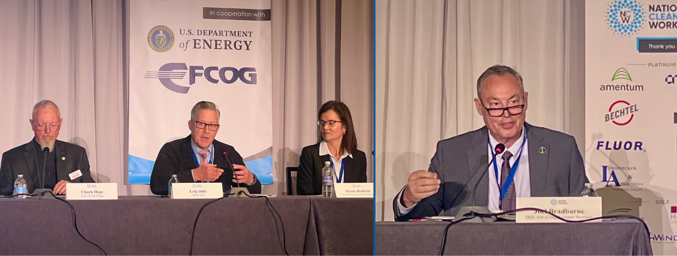 Two photos side by side of panelists sitting on stage at a conference participating in a discussion