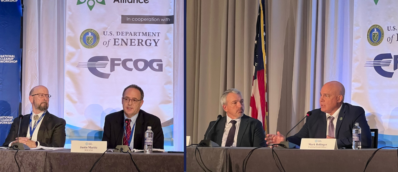 Two photos side by side of panelists sitting on stage at a conference participating in a discussion