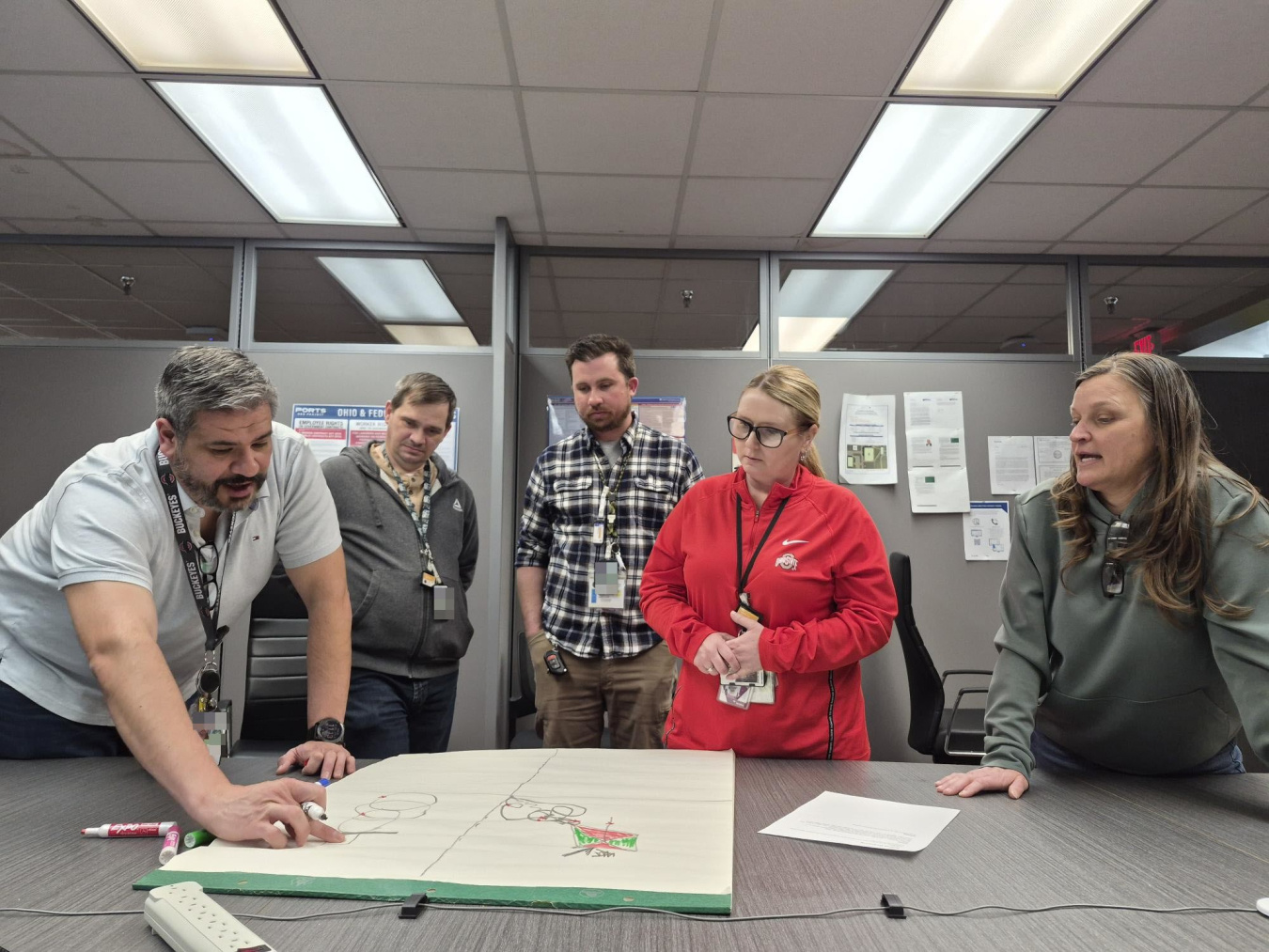 A group of five professionals standing by a table looking at a posterboard on the table
