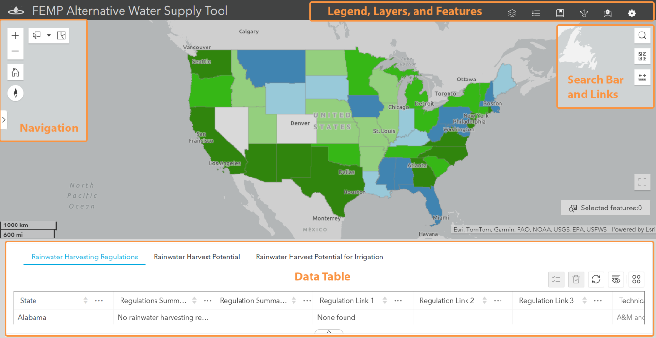 Screenshot of the Alternative Water Supply Tool with labels to indicate where certain tool features are located.
