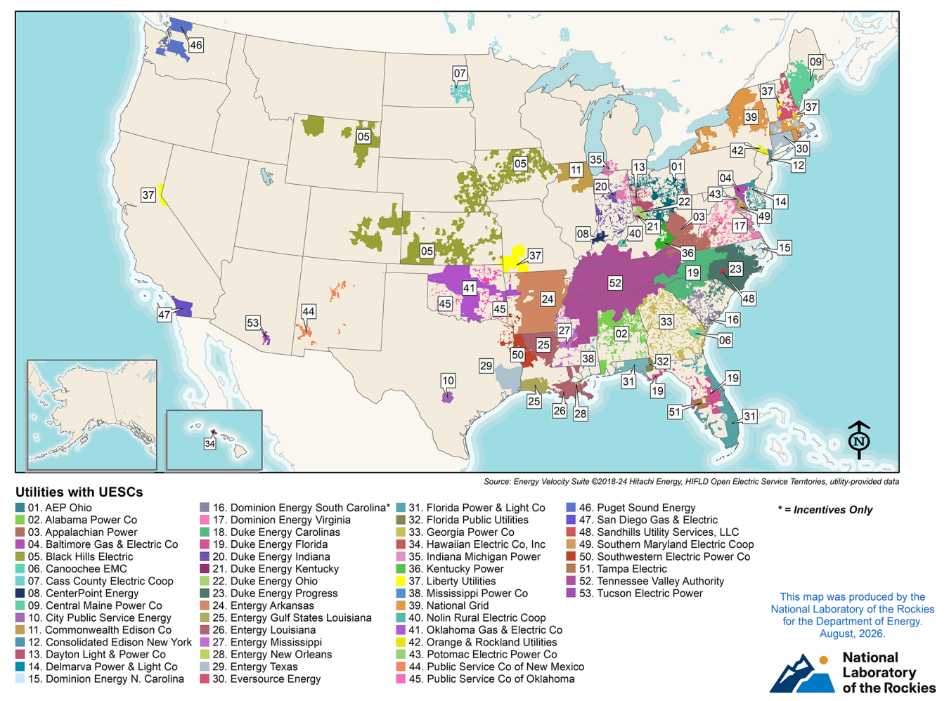U.S. map with color-coded regions corresponding to the utilities listed below it.