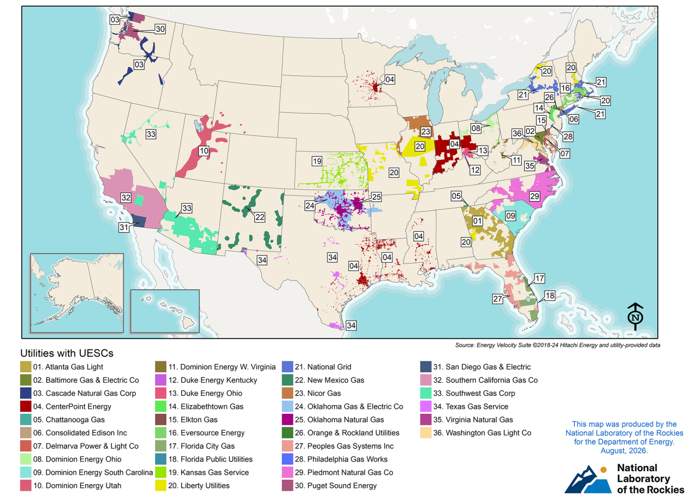U.S. map with color-coded regions corresponding to the utilities listed below it.