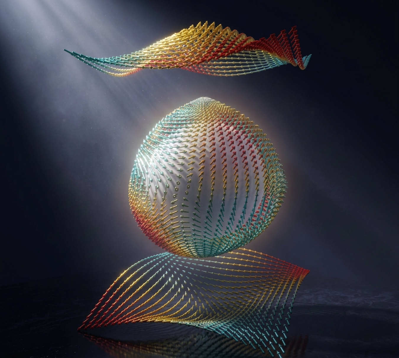 Illustration of an antivortex polaron in a zinc-blende crystal. An electron twists nearby atoms and the distortion spreads through the lattice via coupling between electrons and phonons.