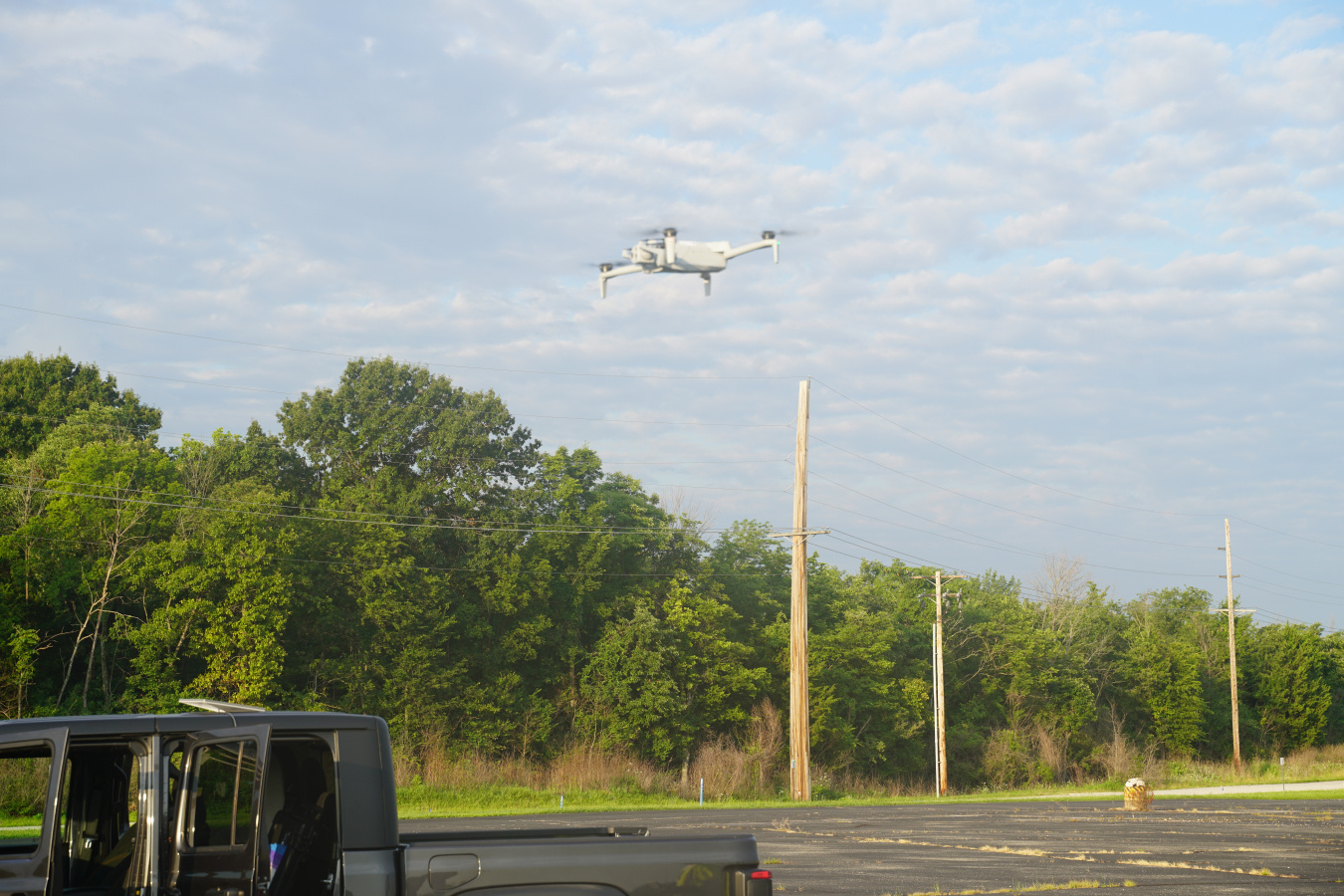 Aerial survey drone lifts off the Weldon Spring Site visitor’s parking lot.