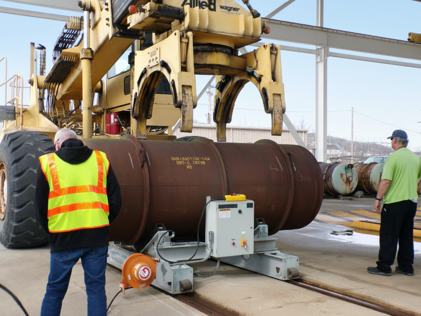 A large metal cylinder being moved by employees at the Portsmouth site