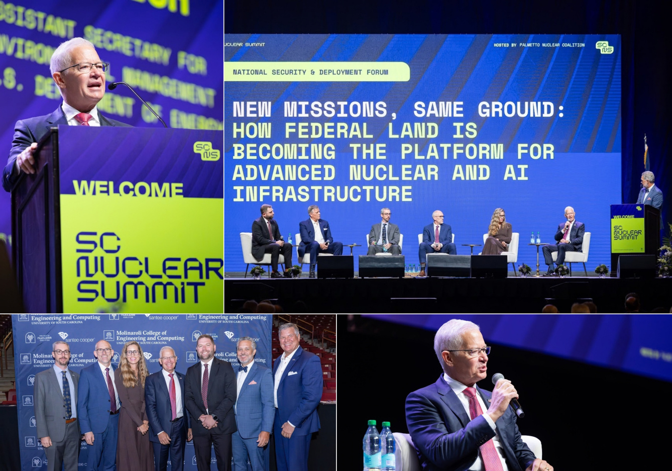 A collage of professionals on stage at a conference participating in a panel and speaking