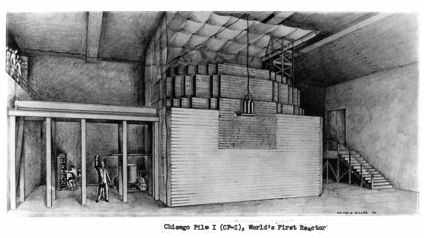 Drawing that depicts Chicago Pile 1, the world's first reactor with a man pulling a control rod out of a reactor as another man in the background monitors.