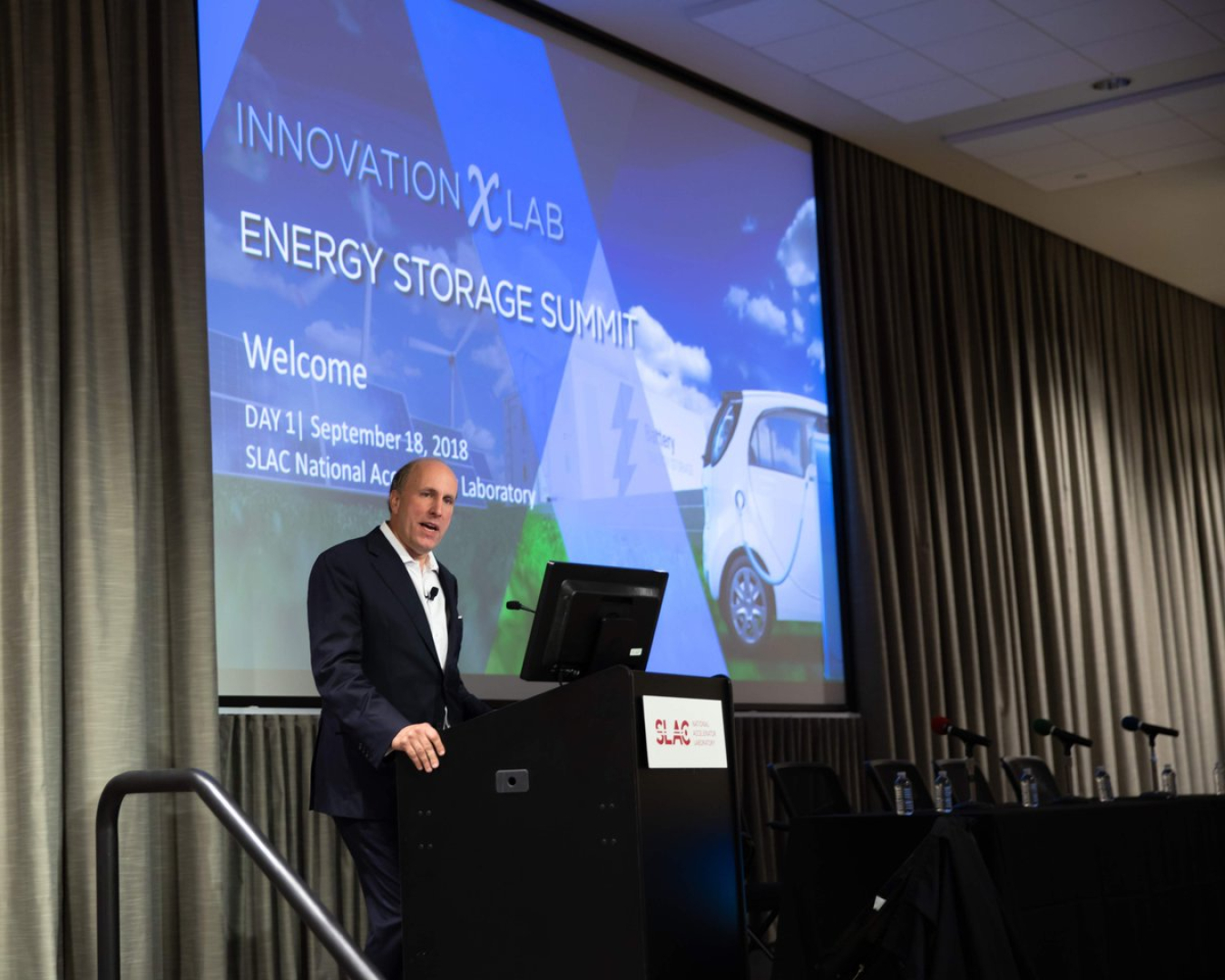 Paul Dabbar, Undersecretary for Science at the U.S. Department of Energy, addresses the first InnovationXLab Initiative summit held at SLAC National Accelerator Laboratory in Menlo Park, California.