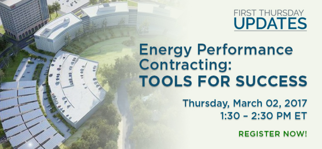 Aerial photo of a building campus with the text reading Energy Performance Contracting: Tools for Success, Thursday, March 02, 2017.